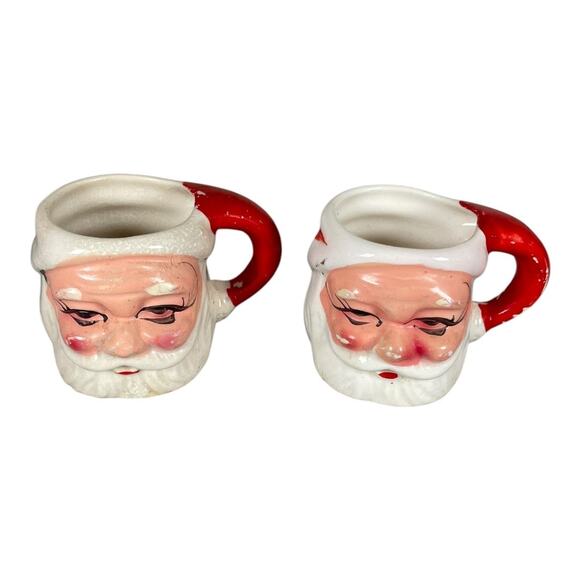 Vintage 2 Mini Ceramic Winking Santa Mugs Made In Japan - Picture 1 of 6
